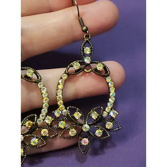 Ornate Bronze Tone Metal And Aurora Borealis Rhinestone Crystal Dangle Earrings - Picture 8 of 9